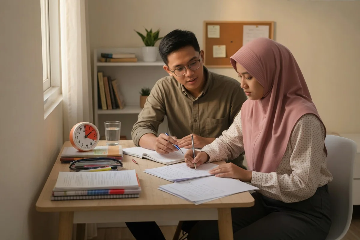 Tutor membimbing satu calon taruna lulusan SMA berlatih soal CAT TPA serta materi wawasan kebangsaan menjelang seleksi Akpol Polri di Exademy, dengan latar kampus Akademi Kepolisian Semarang