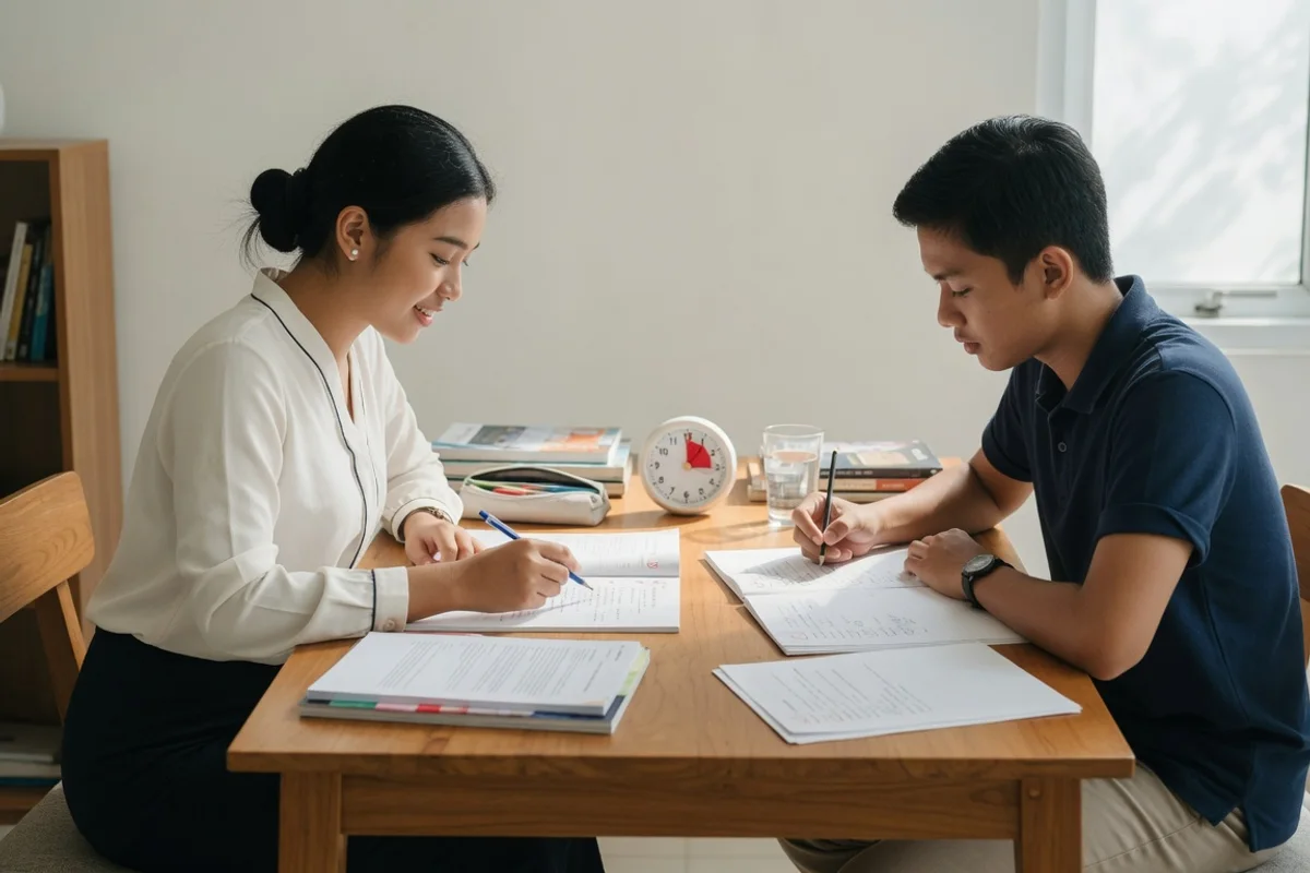 Tutor membimbing satu calon taruna lulusan SMA berlatih soal CAT TPA serta materi wawasan kebangsaan menjelang seleksi Akpol Polri di Exademy, dengan latar kampus Akademi Kepolisian Semarang