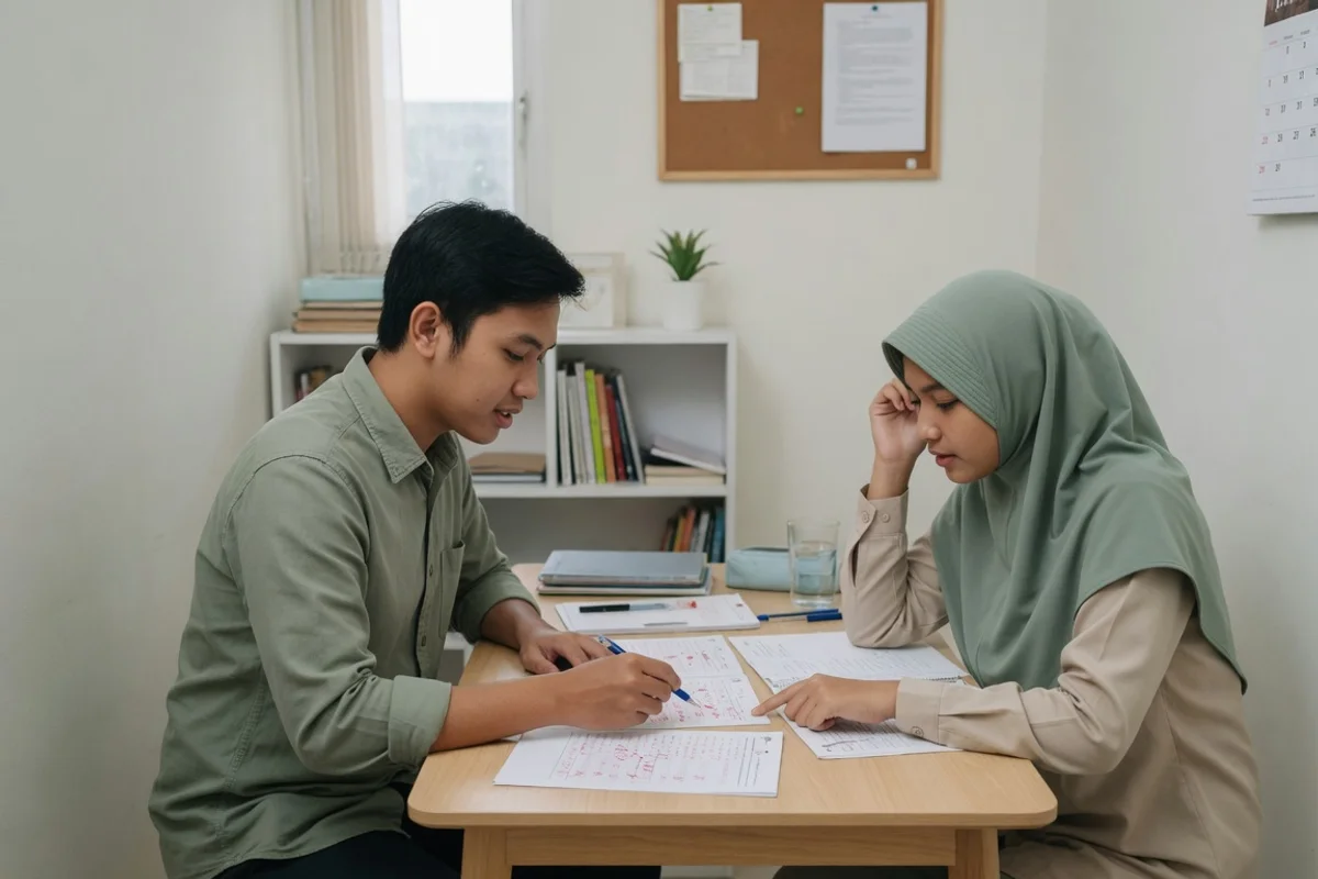 Tutor Exademy mendampingi calon taruna asal Solo membahas soal tes akademik dan pola psikotes seleksi Akpol, dengan jadwal latihan kesamaptaan tersusun di sampingnya