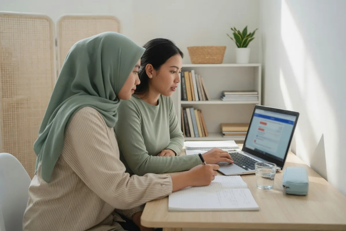 Peserta bimbel CPNS SKD di Yogyakarta membahas grafik skor tryout CAT TWK TIU TKP bersama tutor Exademy di depan laptop dengan timer berjalan
