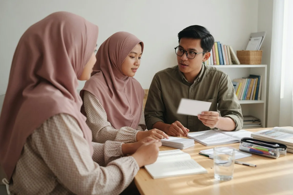 Tutor mendampingi peserta dewasa berlatih menulis hanzi dan membaca pinyin bertanda nada dalam sesi persiapan ujian HSK Mandarin Exademy di Bandung.