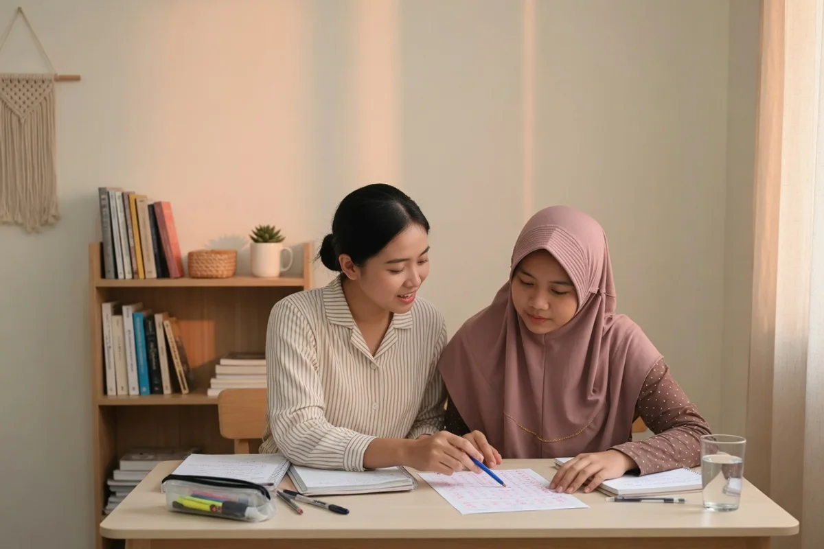 Tutor mendampingi mahasiswa menulis hanzi pada buku kotak sambil melatih pinyin dan empat nada Mandarin dalam sesi persiapan ujian HSK di Yogyakarta bersama Exademy.