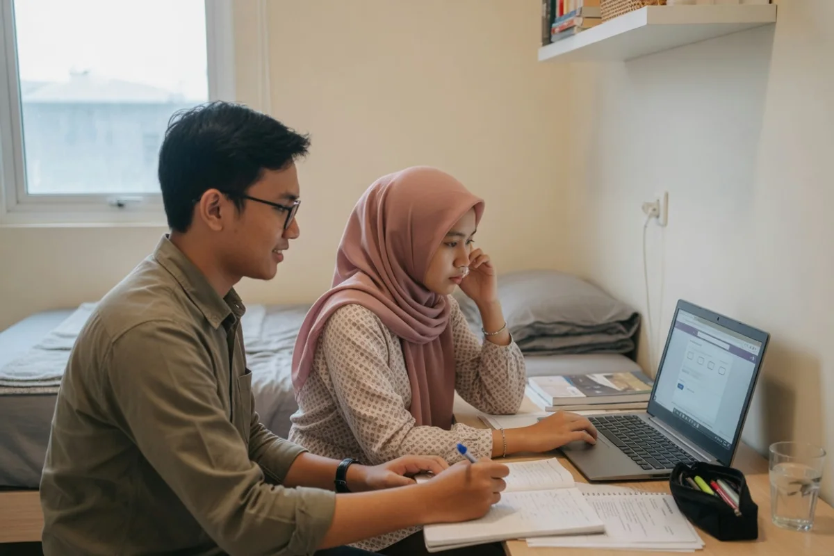 Tutor Exademy mendampingi peserta bimbel IELTS di Bogor berlatih soal Listening memakai headphone, dengan lembar catatan band score dan draf esai Writing di meja belajar.