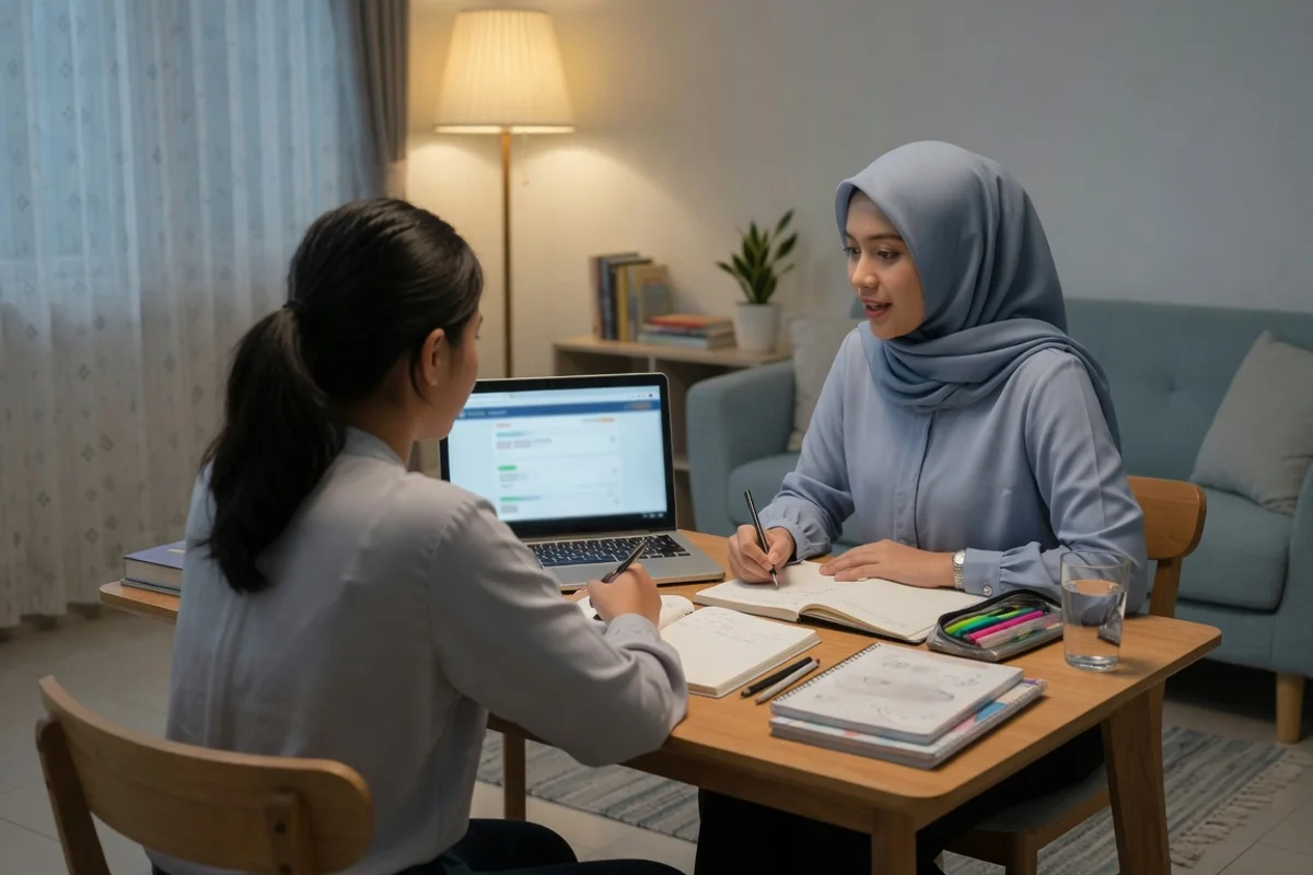 Sesi privat persiapan IELTS Exademy di Jakarta: tutor mendampingi satu peserta berlatih Writing dengan headphone Listening dan peta band 0 sampai 9 di meja belajar.