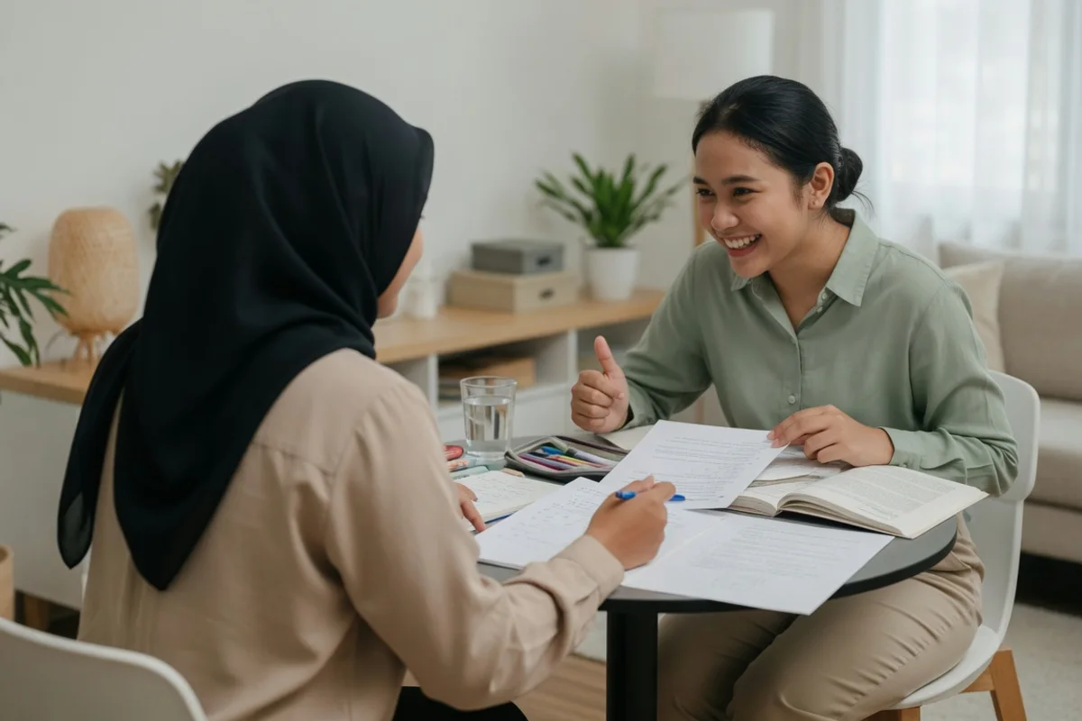 Tutor mendampingi peserta berlatih membaca teks bahasa Jepang dan menulis kanji di buku latihan, dengan kartu kosakata dan lembar tata bahasa di meja persiapan ujian JLPT Exademy Bandung.
