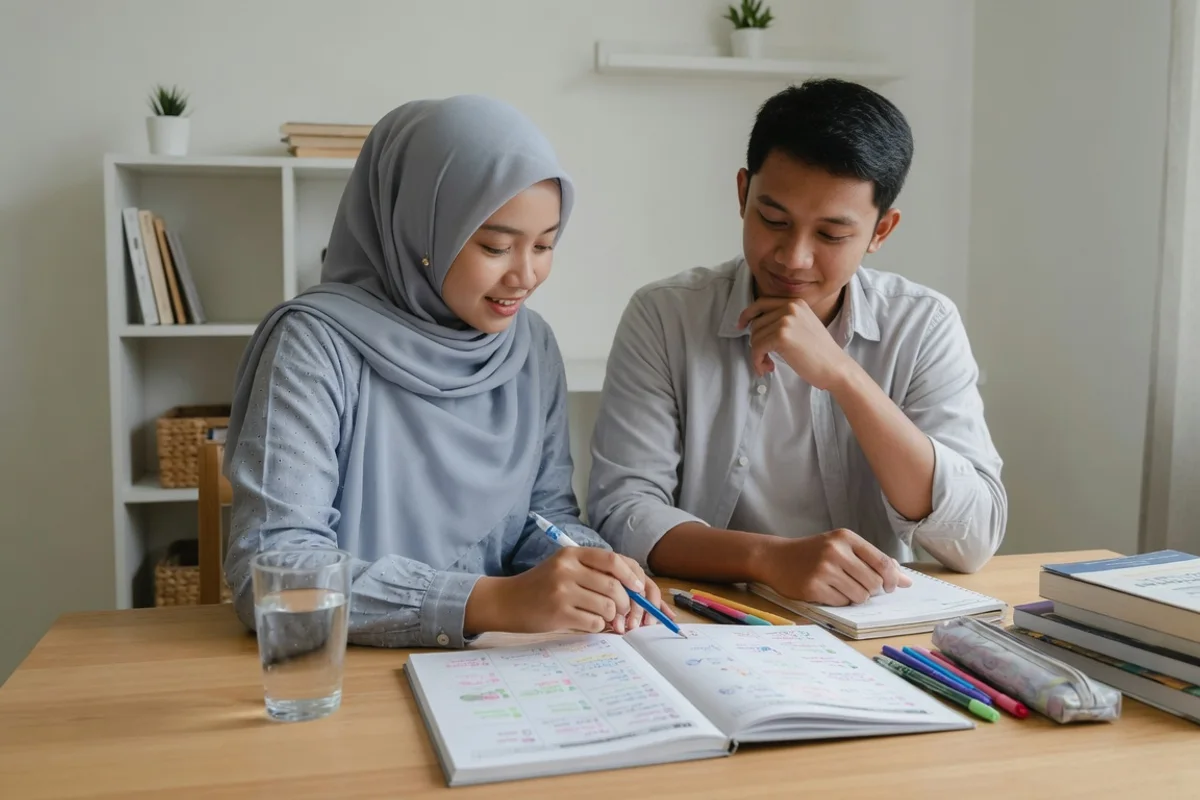Pendaftar beasiswa LPDP di Bandung berlatih soal penalaran verbal dan kuantitatif di layar laptop bersama tutor privat Exademy, dengan catatan silogisme, tabel data, dan kalender jadwal Tes Bakat Skolastik di meja.