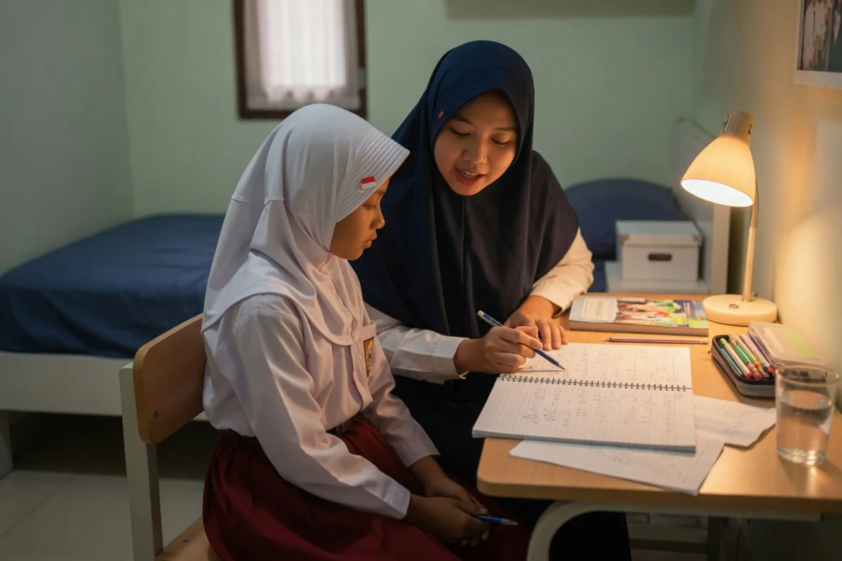 Tutor bimbel SD privat Exademy mendampingi anak kelas empat mengerjakan soal cerita di meja belajar rumah, dengan buku tulis, pensil, dan lembar latihan numerasi di hadapannya, suasana les privat SD di Yogyakarta.