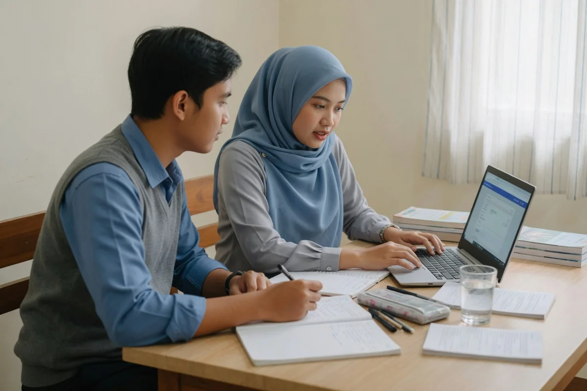Tutor bimbel sekolah kedinasan Bogor dari Exademy mendampingi satu calon taruna berlatih simulasi SKD CAT BKN berisi soal TWK, TIU, dan TKP di laptop untuk persiapan seleksi PKN STAN, IPDN, dan STIN Sentul
