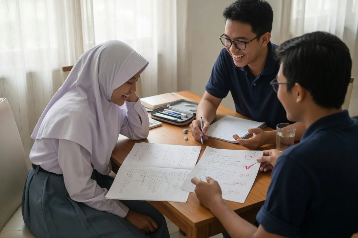 Tutor privat mendampingi pelajar SMA di Bandung mengerjakan soal di meja belajar, lengkap dengan buku catatan, kalkulator, dan lembar rekap nilai rapor untuk persiapan Ujian Sekolah dan seleksi masuk PTN.