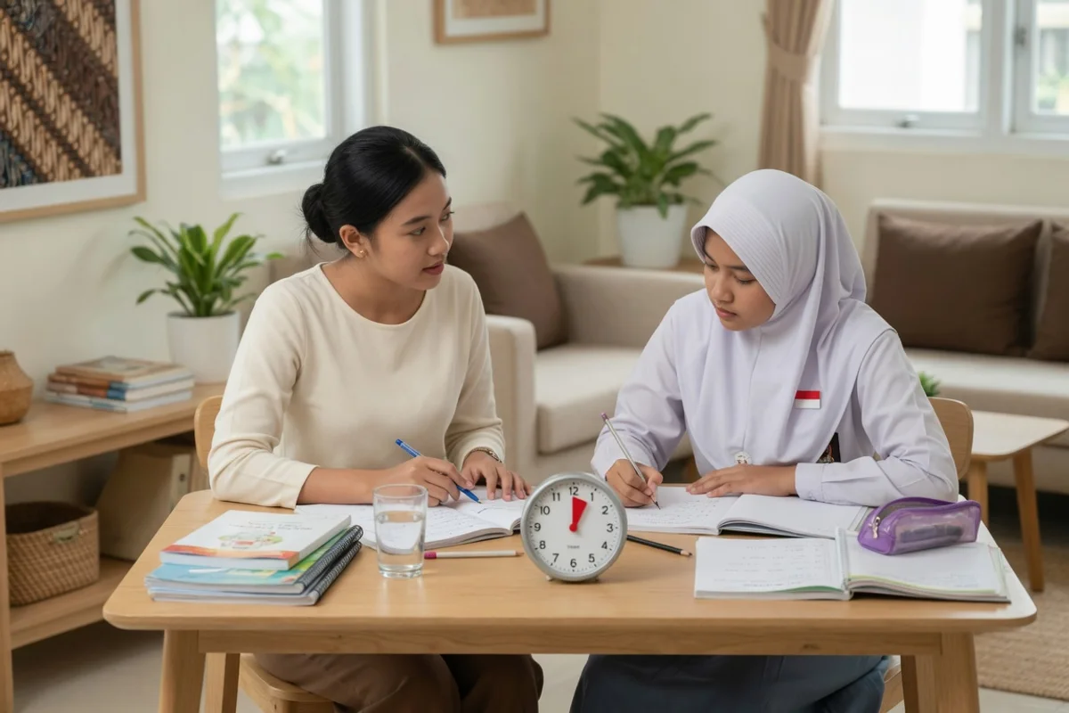 Tutor Exademy mendampingi siswa SMA di Yogyakarta mengerjakan soal turunan dan fisika di meja belajar rumah, lengkap dengan buku rapor dan lembar latihan penalaran matematika.
