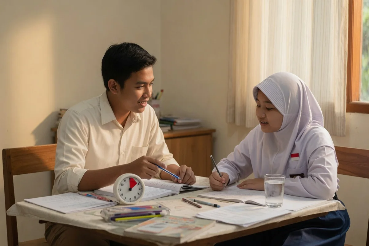 Tutor bimbel SMP privat Exademy mendampingi siswa kelas 8 di Yogyakarta mengerjakan soal cerita aljabar dan latihan numerasi AKM di meja belajar rumah.