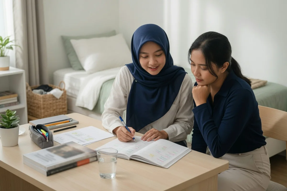 Peserta berlatih soal deret angka, matriks gambar, dan lembar tes koran didampingi tutor asesmen pada kelas persiapan tes IQ dan psikometri Exademy Yogyakarta.