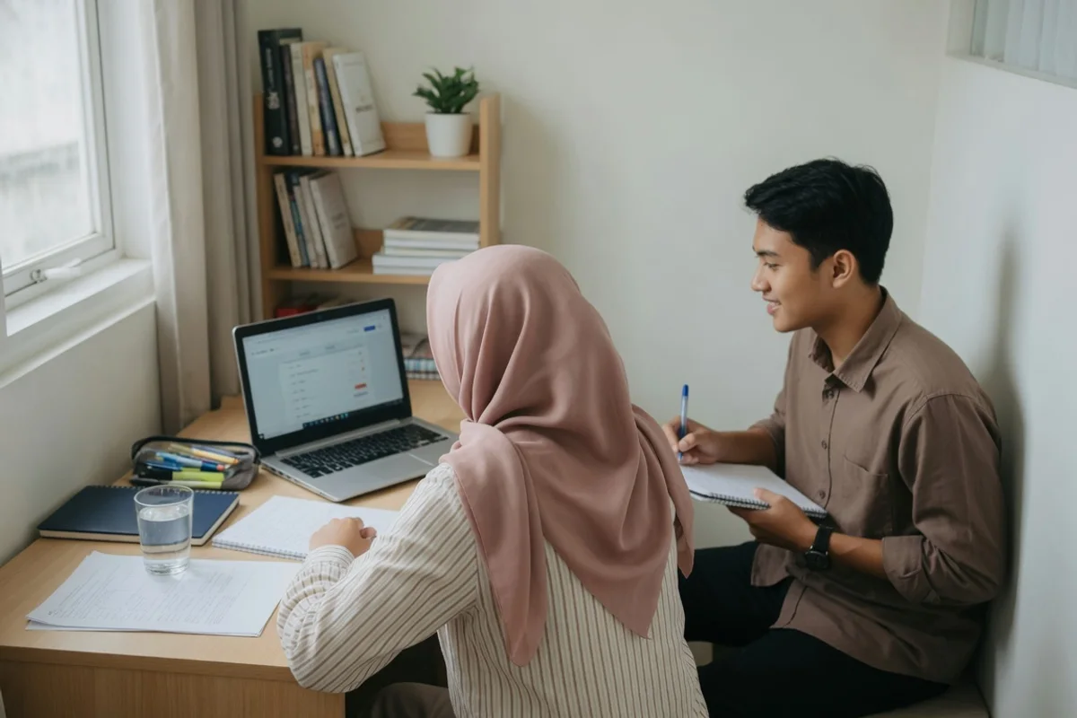 Pegawai berseragam kerja berlatih wawancara kompetensi bersama tutor Exademy dengan lembar in-tray, catatan kerangka STAR, dan daftar delapan kompetensi manajerial di meja persiapan tes kenaikan jabatan di Bandung.