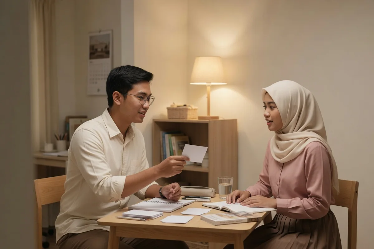 Tutor bahasa Arab mendampingi peserta membaca teks berharakat dan mengerjakan latihan soal Tarakib TOAFL di meja belajar persiapan tes bahasa Arab Exademy Bandung.