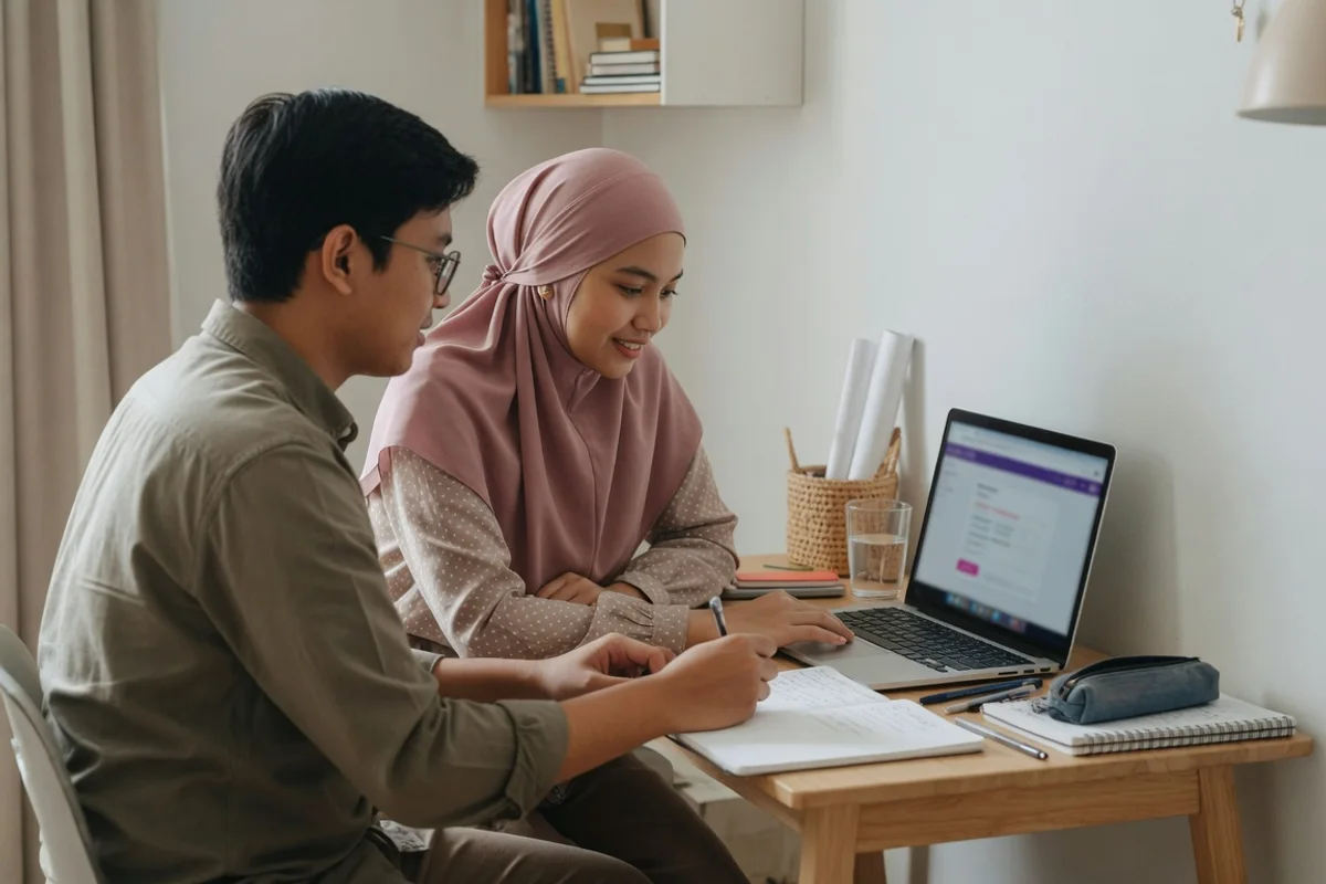 Tutor Exademy mendampingi seorang karyawan berlatih soal TOEIC Part 7 dengan headphone, lembar jawaban 200 soal, dan pengatur waktu dua jam pada sesi persiapan TOEIC di Bandung.