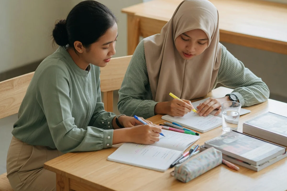 Tutor bahasa Korea mendampingi peserta persiapan TOPIK di Bandung berlatih menulis Hangul, mengerjakan soal Membaca, dan menyimak audio Mendengar di meja belajar Exademy.