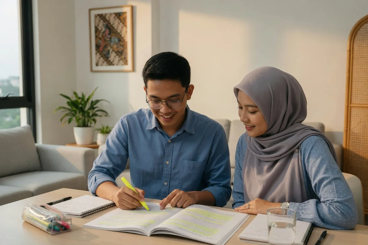 Tutor Exademy mendampingi peserta dewasa mengerjakan soal deret angka, analogi kata, dan penalaran analitis pada lembar latihan bimbel TPA Bappenas di Bandung.
