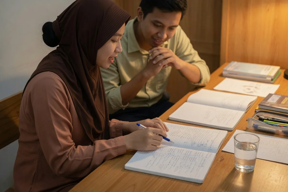 Peserta dewasa berlatih soal deret angka dan silogisme TPA didampingi tutor Exademy di Yogyakarta, dengan lembar analogi kata, kertas coretan hitungan cepat, dan pencatat waktu di meja persiapan Tes Potensi Akademik.