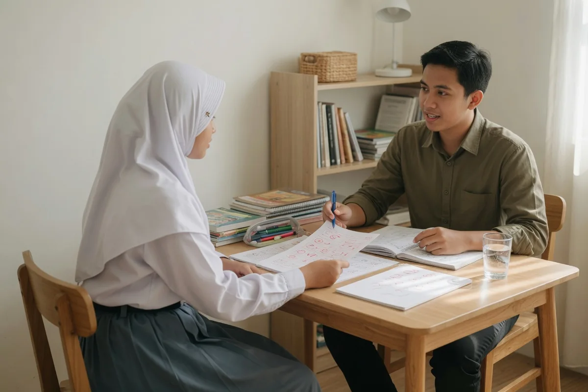 Peserta seleksi mandiri PTN berlatih soal ujian tulis kampus bersama tutor privat Exademy di Bandung, dengan kalender pendaftaran dan daftar prodi tujuan terbuka di meja.
