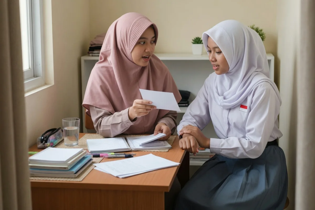 Siswa kelas 12 di Bandung menyusun peta jalur bimbel ujian mandiri Undip ITB ITS bersama tutor privat Exademy, dengan kalender pendaftaran tiga kampus dan lembar latihan penalaran matematika di meja belajar.