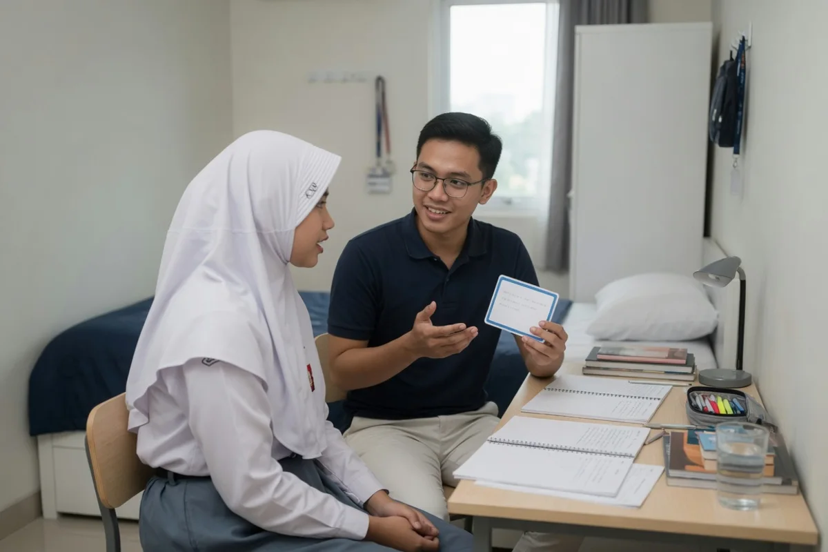 Siswa kelas 12 di Yogyakarta mengerjakan soal hitungan fisika bersama tutor privat Exademy pada bimbel ujian mandiri Undip ITB ITS, dengan lembar diagnostic tiga jenis kemampuan terbuka di meja.