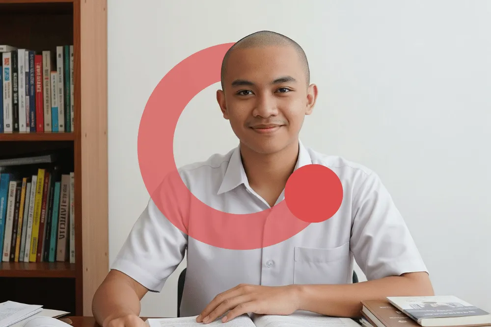 Bimbel Akmil Exademy, calon taruna berambut cepak belajar dengan buku di meja