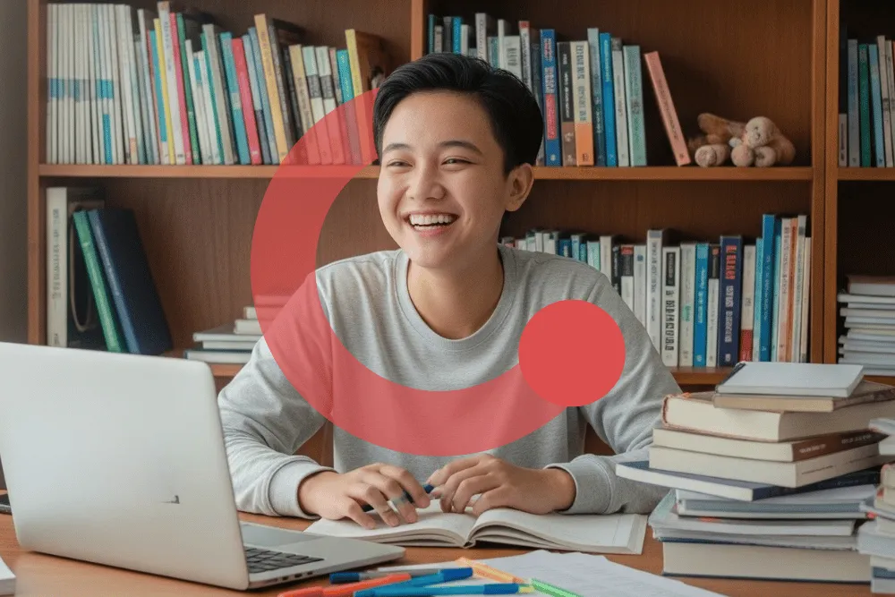 Bimbel SKD sekolah kedinasan Exademy, peserta belajar dikelilingi buku referensi dan laptop
