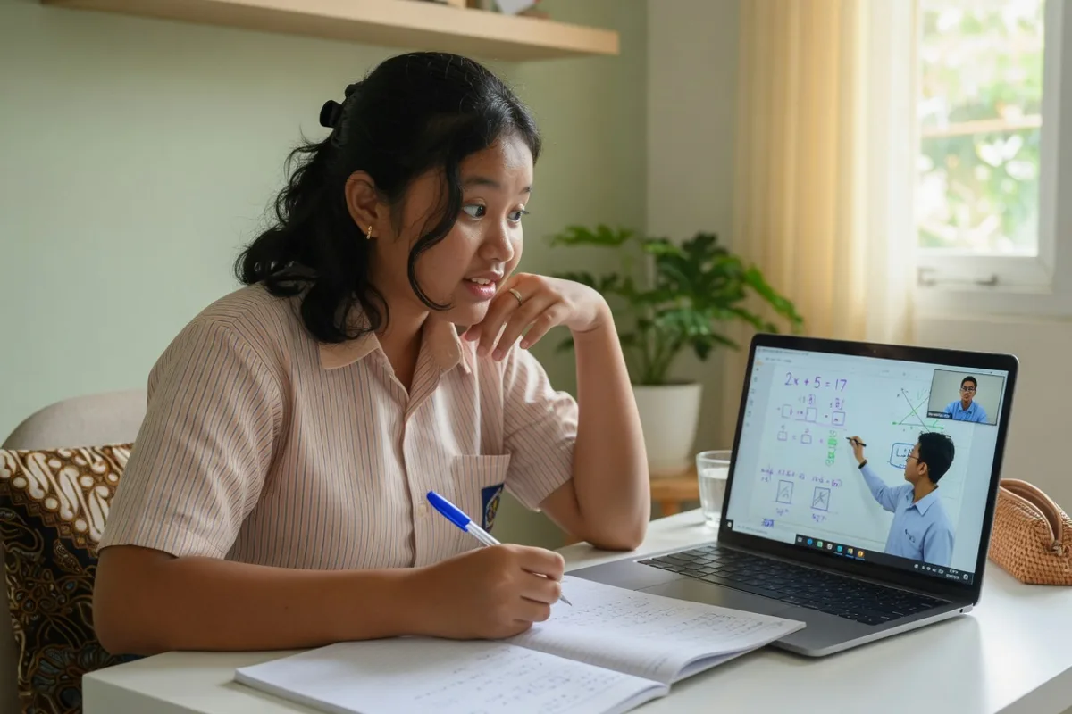 Les privat online Exademy dengan papan tulis interaktif, tutor menjelaskan soal lewat berbagi layar