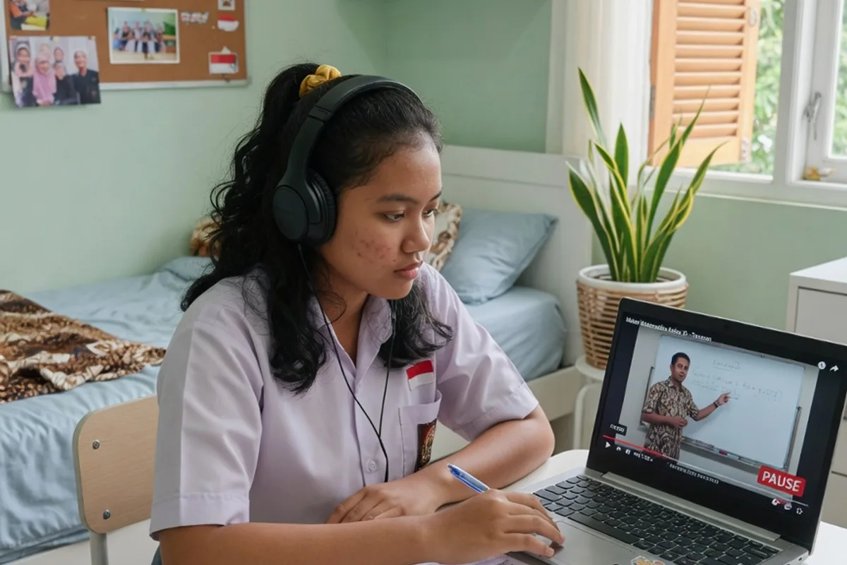 Siswa belajar mandiri di Exademy menonton rekaman kelas dari laptop dengan headphone
