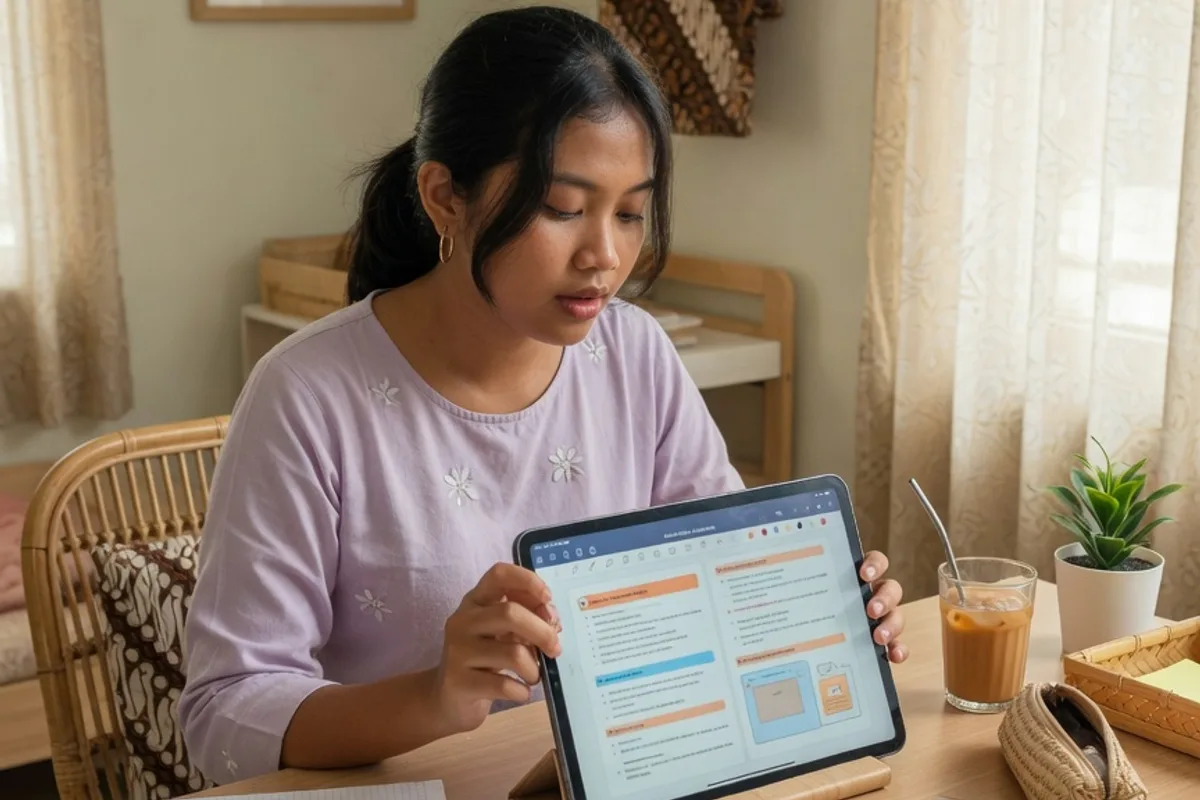 Belajar mandiri dari pustaka materi terstruktur Exademy di tablet dengan catatan rapi