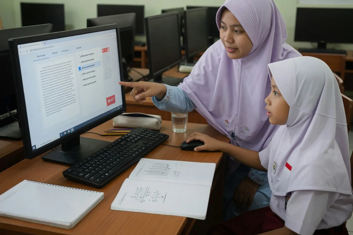 Tutor Exademy mendampingi satu siswa SMP berlatih soal literasi dan numerasi di layar komputer simulasi ANBK, persiapan AKM Asesmen Kompetensi Minimum di lab komputer sekolah