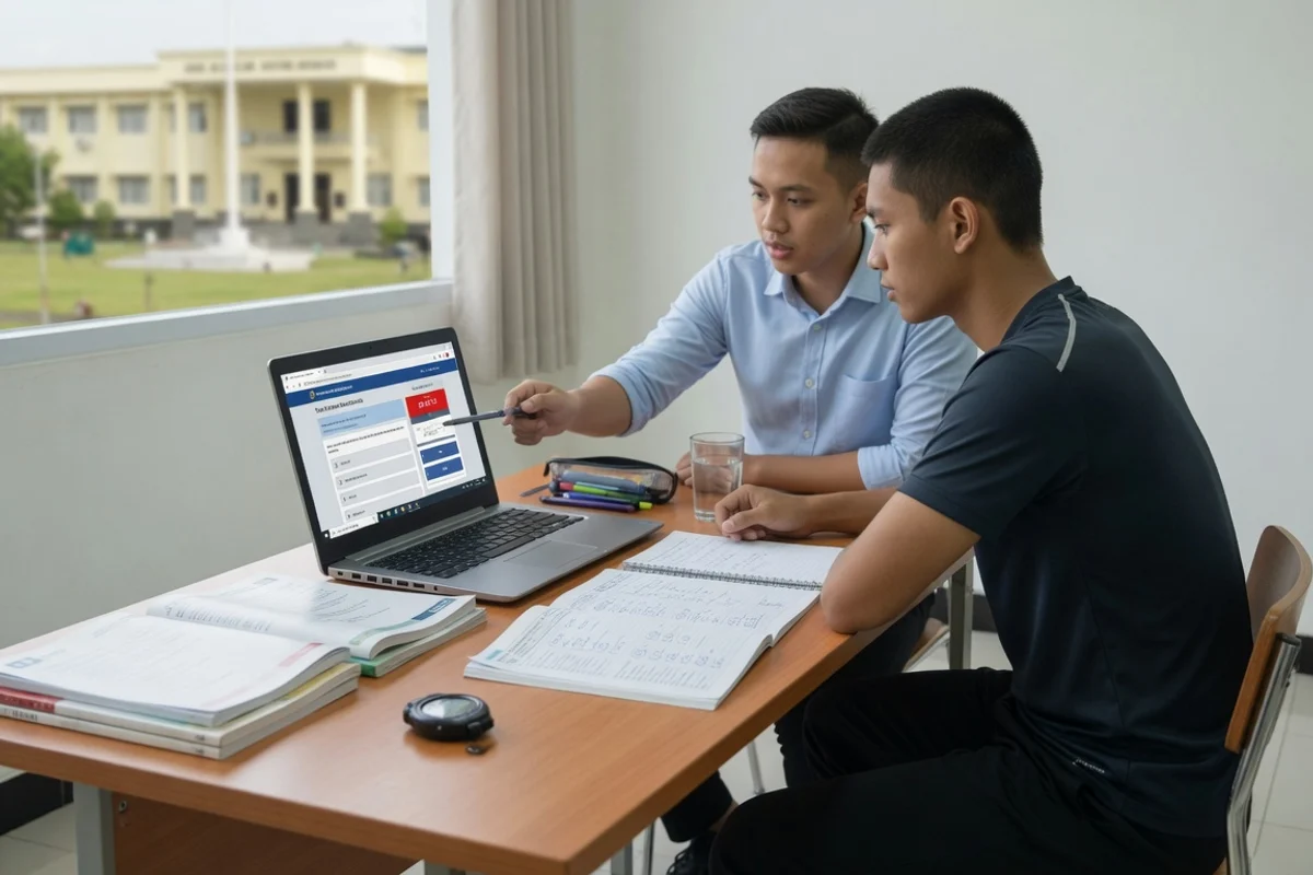 Tutor membimbing satu calon taruna lulusan SMA berlatih soal CAT TPA dan wawasan kebangsaan untuk persiapan ujian seleksi Akpol Polri di Exademy, dengan latar kampus Akademi Kepolisian Semarang
