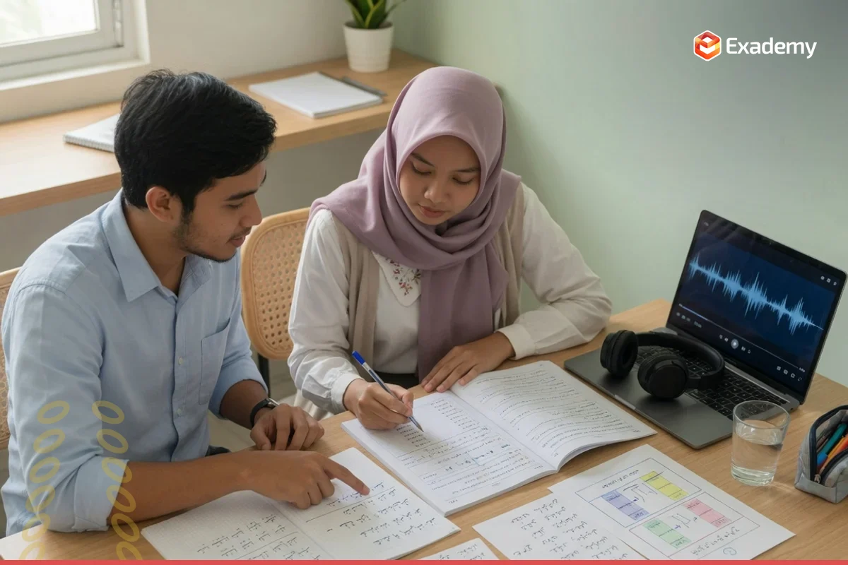 Foto tutor mendampingi seorang mahasiswa berlatih membaca teks Arab berharakat dan tabel nahwu sharaf saat persiapan ujian ALPT (Arabic Language Proficiency Test) di Exademy