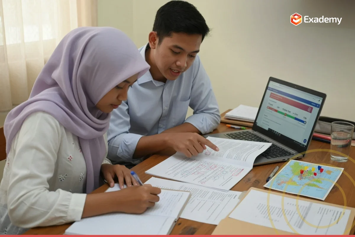 Tutor membimbing mahasiswa menyusun esai dan latihan tes seleksi beasiswa kuliah luar negeri di Exademy.