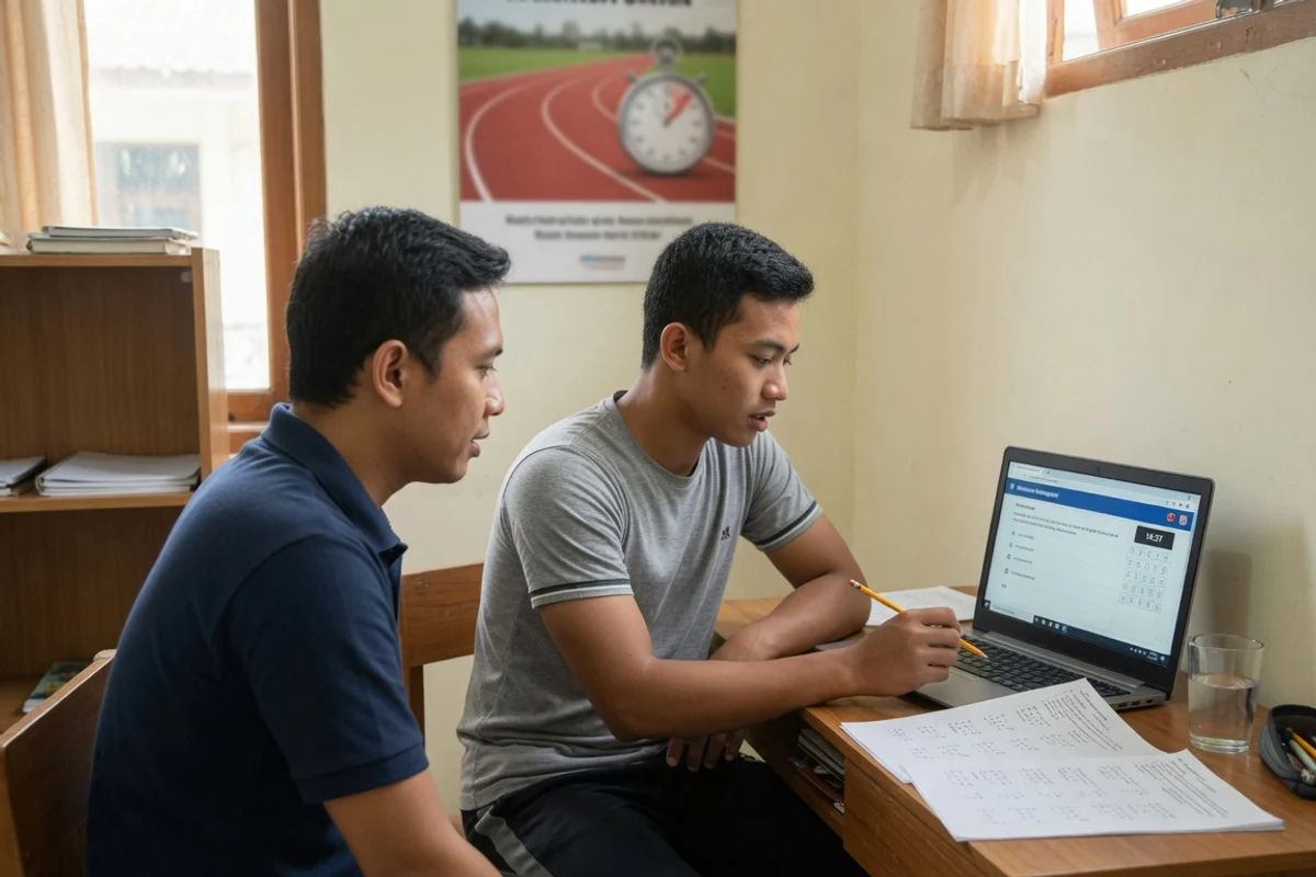 Tutor Exademy mendampingi satu calon peserta seleksi Bintara dan Tamtama TNI Polri berlatih simulasi tes akademik CAT dan wawasan kebangsaan untuk persiapan ujian masuk