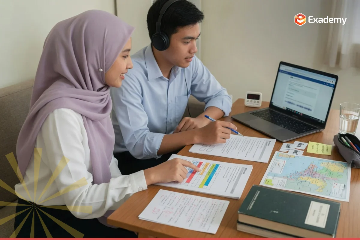 Tutor dan mahasiswa berlatih soal listening dan menulis bahasa Belanda untuk persiapan ujian CNaVT di Exademy.