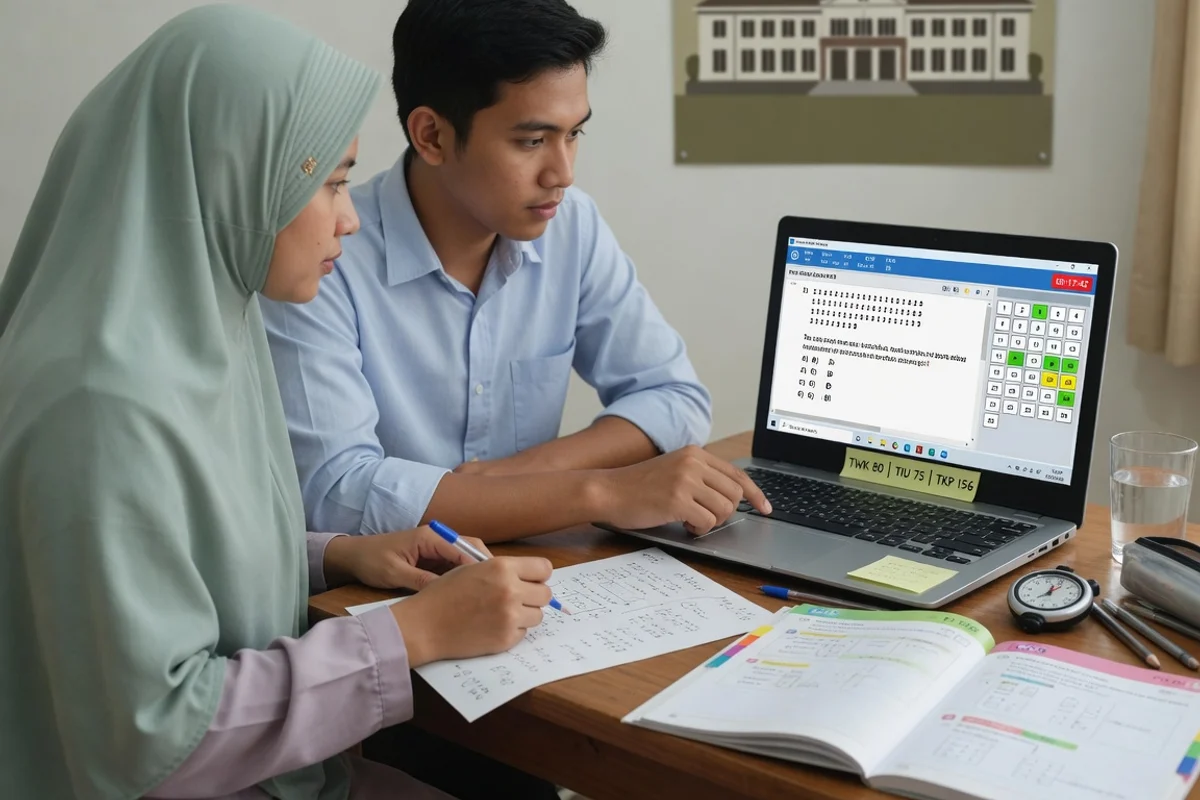 Tutor Exademy mendampingi satu peserta dewasa berlatih simulasi CAT BKN SKD CPNS (soal TWK TIU TKP) di laptop dengan timer dan skor, persiapan ujian CPNS SKD