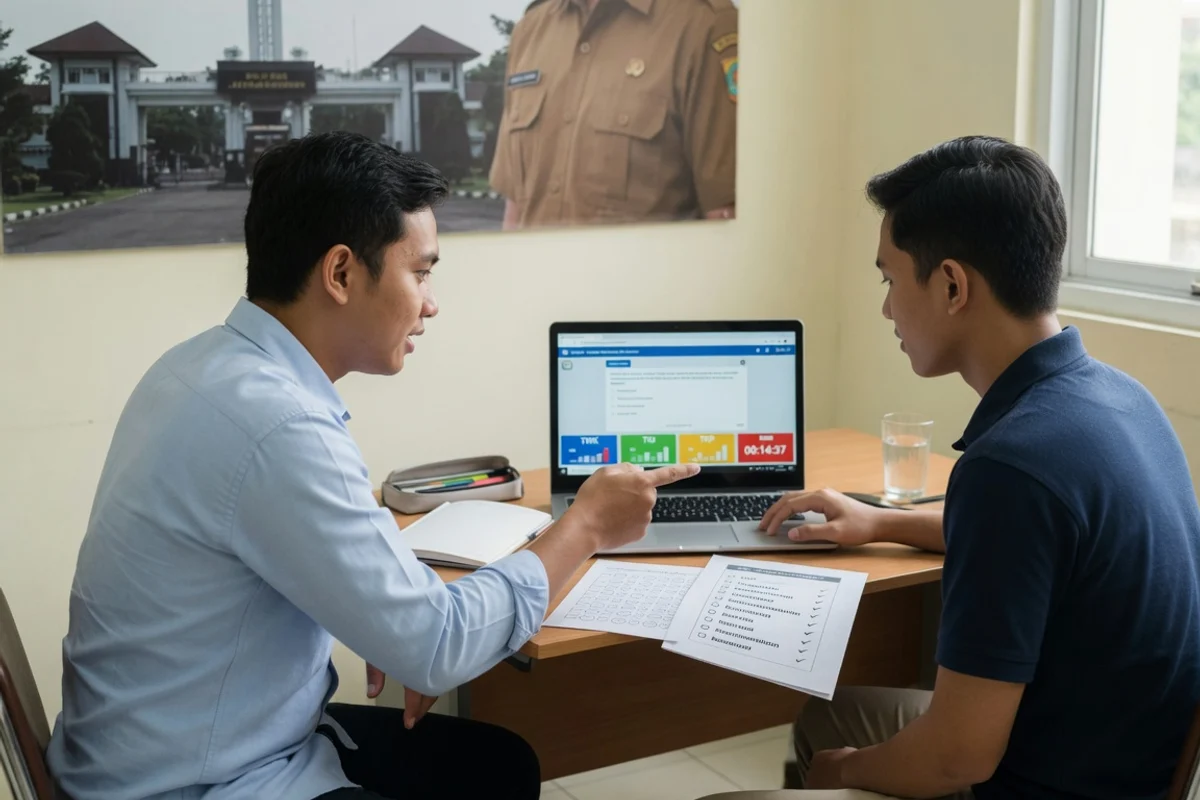 Tutor membimbing satu calon praja muda lulusan SMA menghadapi simulasi tes SKD CAT (TWK TIU TKP) untuk seleksi penerimaan calon praja IPDN Jatinangor di kelas persiapan ujian Exademy