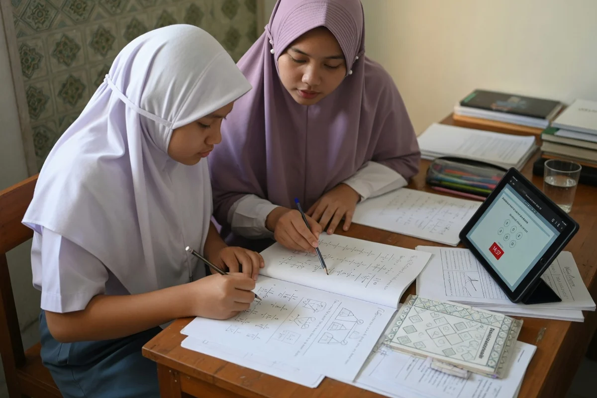 Tutor Exademy membimbing satu siswa MA usia 17 tahun mengerjakan soal Matematika Terintegrasi dan latihan CBT untuk persiapan KSM Kompetisi Sains Madrasah Kemenag