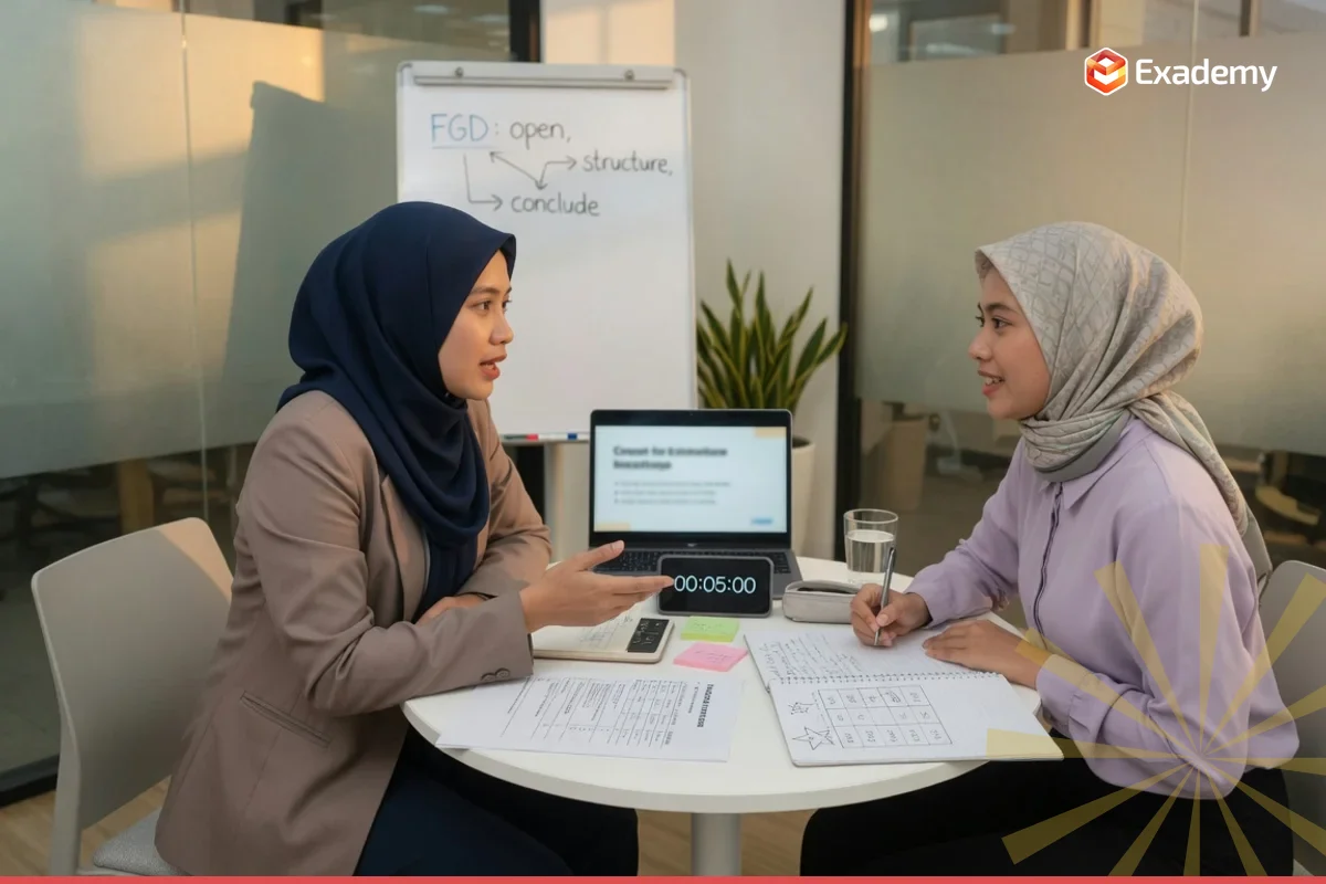 Pelatih karier mendampingi seorang fresh graduate berlatih simulasi FGD dan studi kasus untuk persiapan tes Management Trainee rekrutmen korporat di Exademy