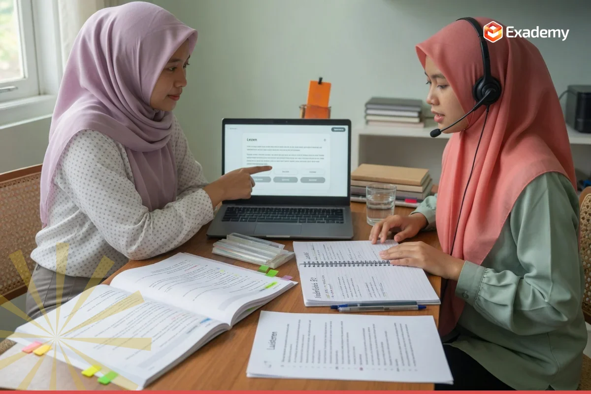 Tutor mendampingi mahasiswa berlatih ujian Staatsexamen NT2 bahasa Belanda di laptop dan headset di Exademy