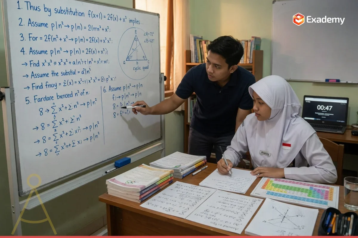 Foto tutor membimbing satu siswa SMA mengerjakan pembuktian soal di whiteboard saat persiapan Olimpiade Internasional IMO IPhO IChO IBO di Exademy
