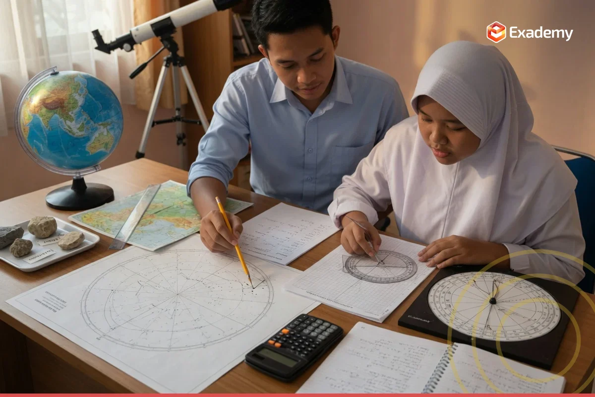 Tutor membimbing siswa SMA mempelajari peta bintang planisphere, diagram bola langit, dan sampel batuan untuk persiapan OSN Astronomi Kebumian Geografi di Exademy.