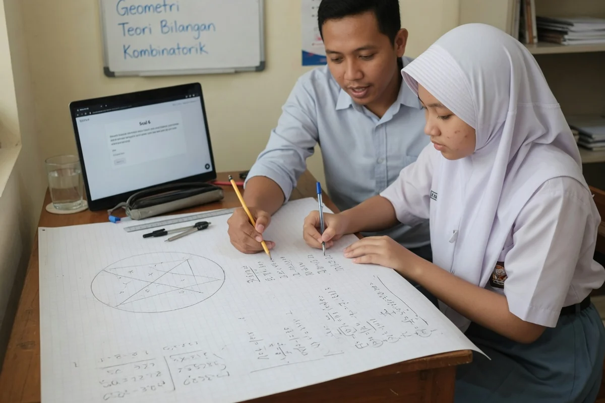 Tutor olimpiade matematika membimbing satu siswa SMA mengerjakan pembuktian soal geometri dan teori bilangan untuk persiapan OSN Matematika di Exademy