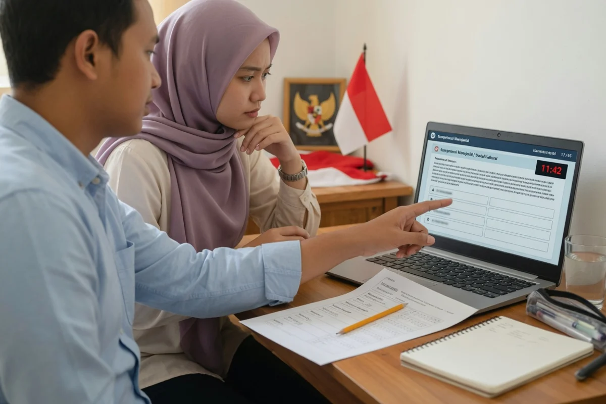 Tutor Exademy mendampingi peserta dewasa berlatih soal CAT seleksi kompetensi PPPK (teknis, manajerial, sosial kultural) di layar simulasi BKN, persiapan ujian ASN PPPK Exademy