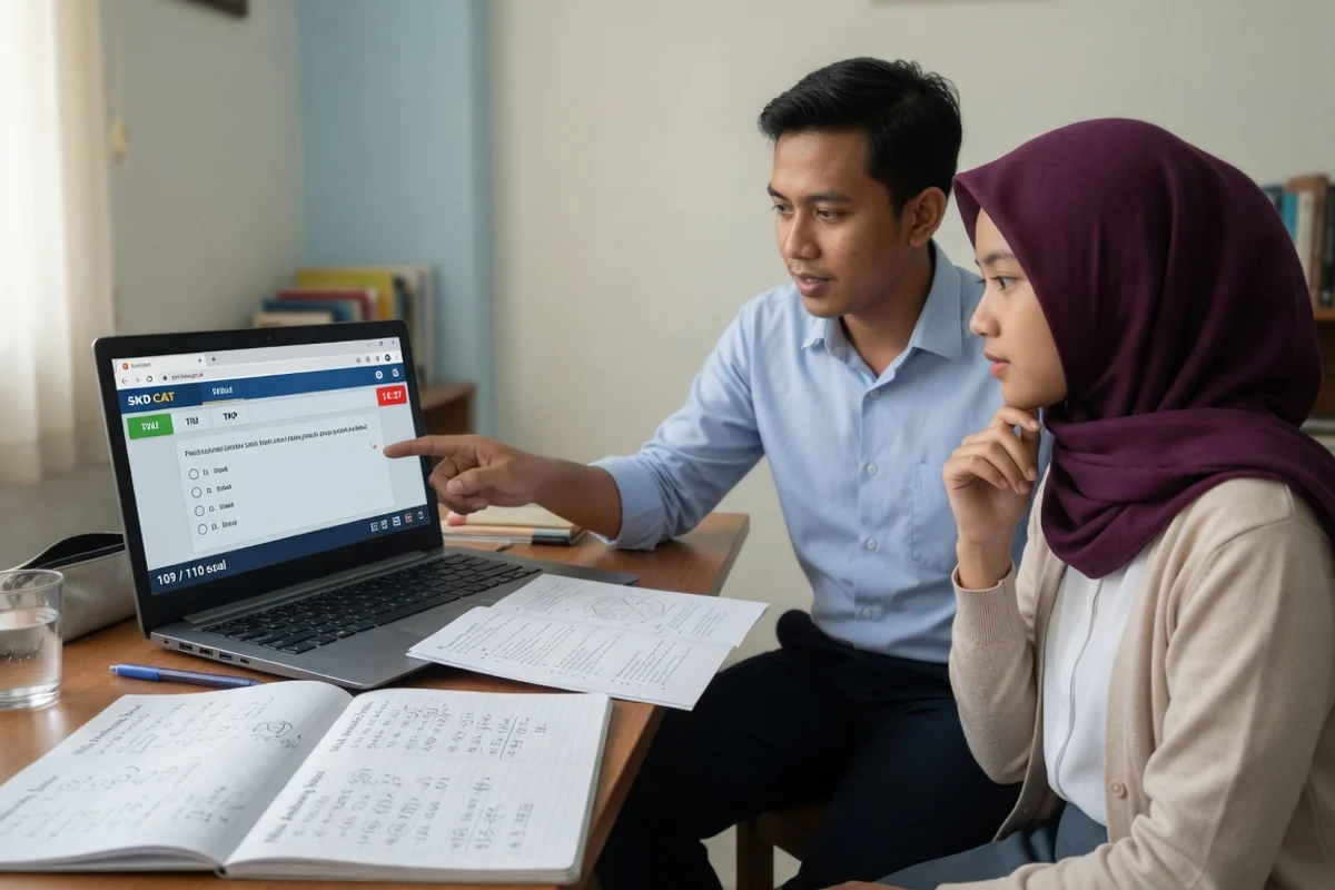 Tutor Exademy mendampingi satu calon peserta muda berlatih simulasi SKD CAT BKN (TWK, TIU, TKP) di laptop untuk persiapan ujian masuk sekolah kedinasan PKN STAN, IPDN, dan STIS bersama Exademy