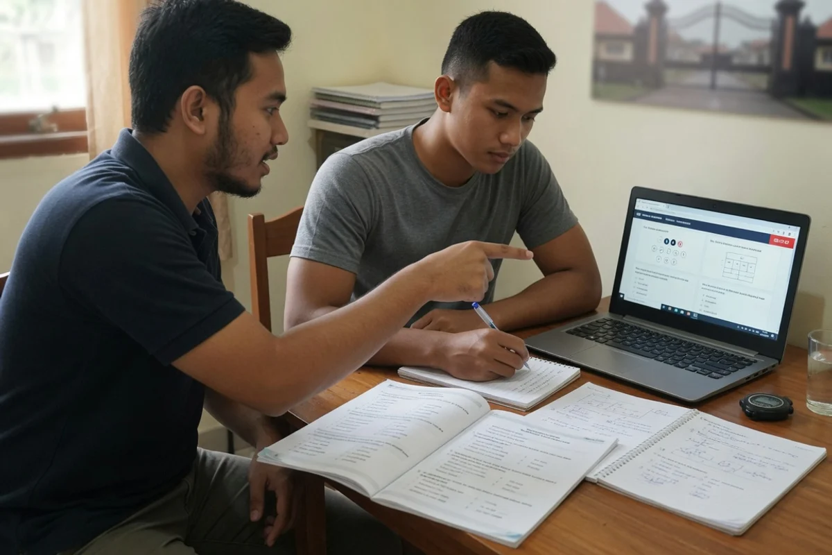 Tutor Exademy mendampingi satu calon perwira muda berlatih soal CAT Tes Potensi Akademik dan Wawasan Kebangsaan untuk persiapan ujian Sekolah Perwira dan Secapa TNI Polri