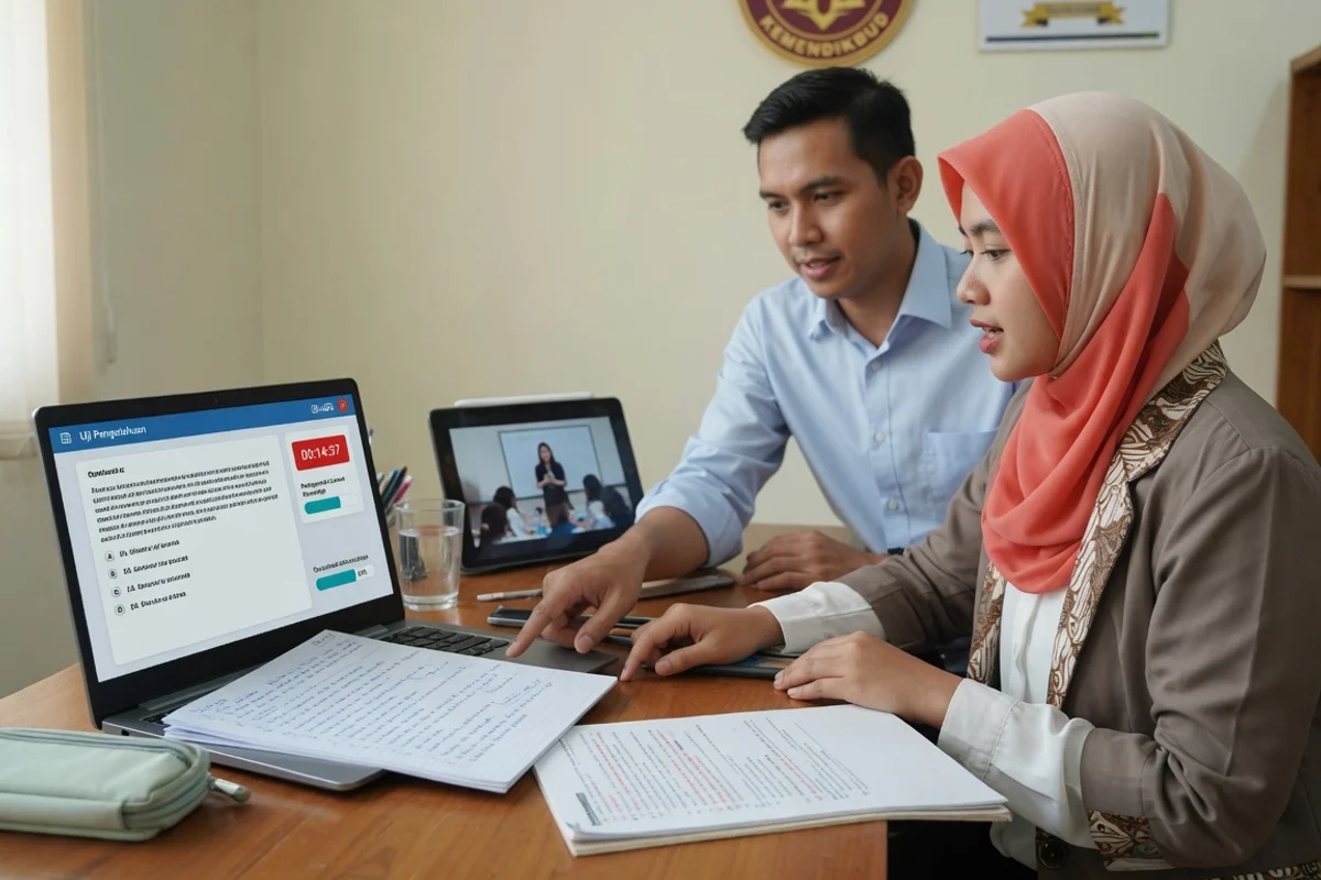 Tutor mendampingi guru muda berlatih soal Situational Judgement Test dan menyiapkan Modul Ajar serta video praktik untuk persiapan ujian PPG dan UKPPPG di Exademy