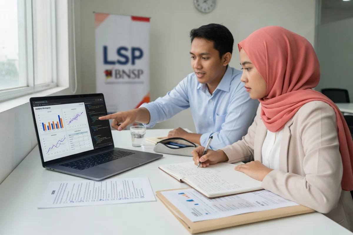 Tutor mendampingi seorang profesional muda berlatih demonstrasi analisis data dan visualisasi dashboard untuk persiapan uji kompetensi Sertifikasi BNSP bidang data dan digital di Exademy