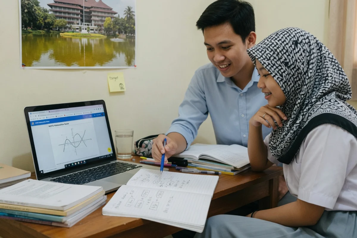 Tutor membimbing siswa SMA latihan soal SIMAK UI ujian mandiri Universitas Indonesia, layar simulasi matematika dasar dan reading comprehension HOTS, persiapan masuk UI bersama Exademy